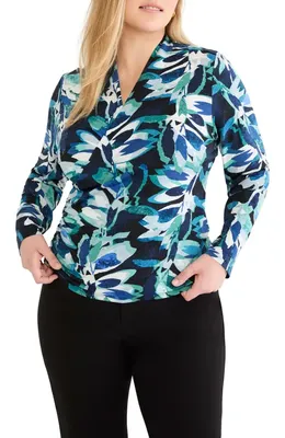 NIC+ZOE NIC+ZOE Giverny Knit Faux Wrap Top in Green Multi — Women Summer teal Tops