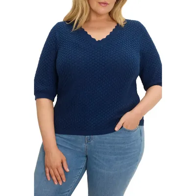 NIC+ZOE NIC+ZOE Scallop Texture Short Sleeve Sweater in Rich Indigo — Women Winter navy Tops