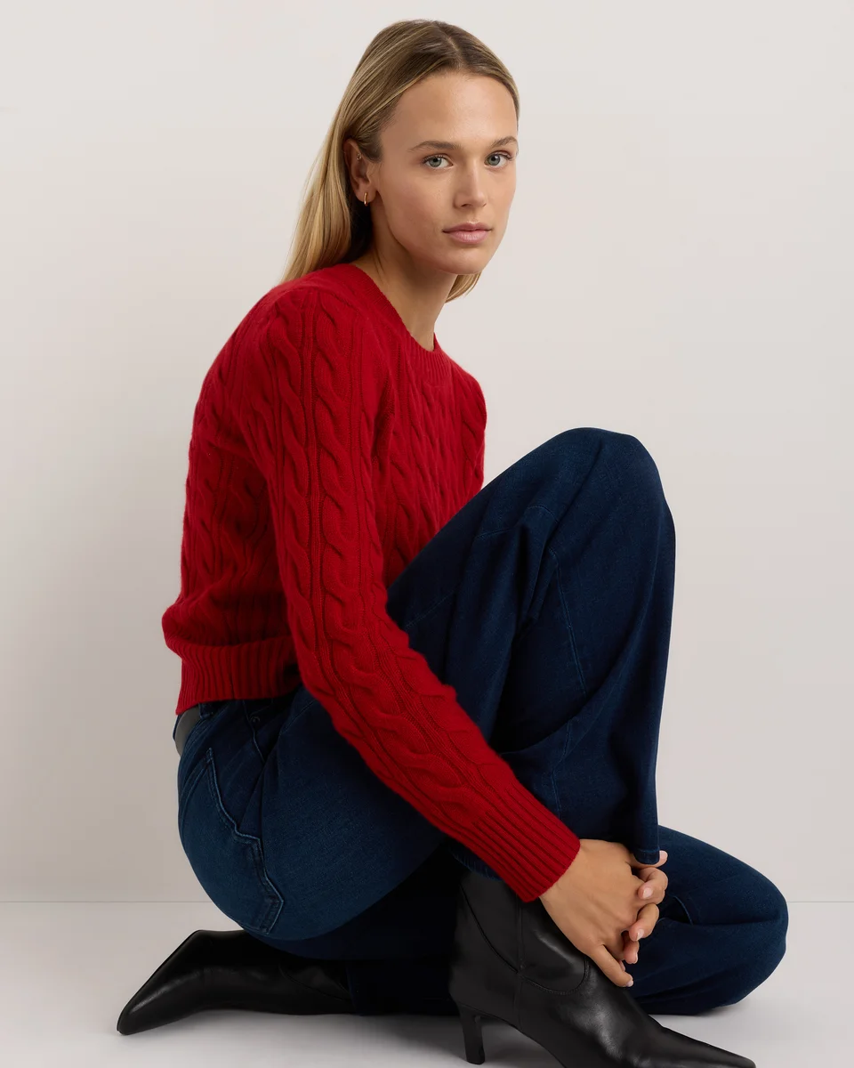 Quince Quince | Women's Mongolian Cashmere Shrunken Cable Crewneck Sweater in Varsity Red — Women Winter red Sweaters & Knits
