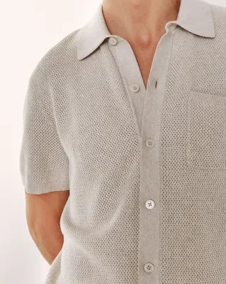 Quince Quince | Men's Mesh-Stitch Button-Up Sweater Polo in Speckled Beige — Men Spring ivory Polos