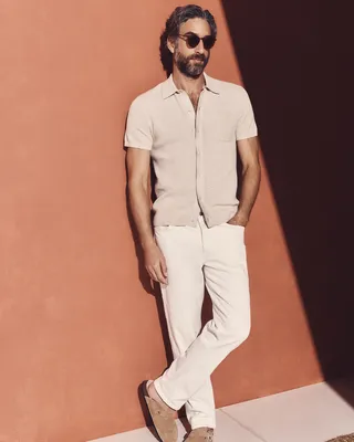 Quince Quince | Men's Mesh-Stitch Button-Up Sweater Polo in Speckled Beige — Men Spring ivory Polos