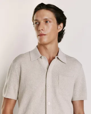 Quince Quince | Men's Mesh-Stitch Button-Up Sweater Polo in Speckled Beige — Men Spring ivory Polos