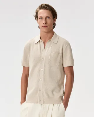 Quince Quince | Men's Mesh-Stitch Button-Up Sweater Polo in Speckled Beige — Men Spring ivory Polos