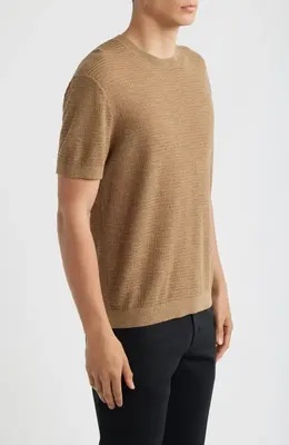 Theory Theory Kolben Pacific Short Sleeve Textured Knit Sweater in Fresh Khaki — Men Autumn camel Tops