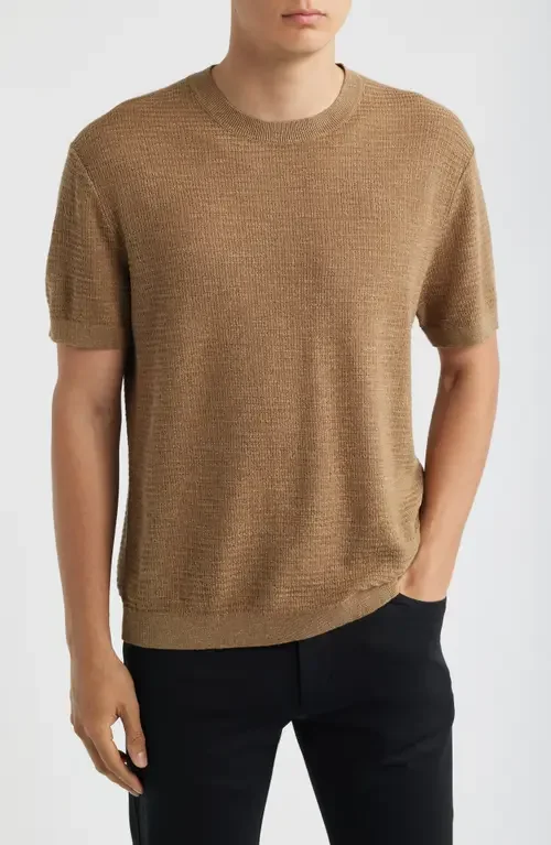 Theory Theory Kolben Pacific Short Sleeve Textured Knit Sweater in Fresh Khaki — Men Autumn camel Tops