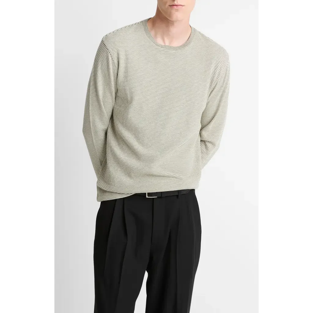 Vince Vince Striped Double Knit T-Shirt in Meadowlark/Sycamore — Men Autumn khaki Tops