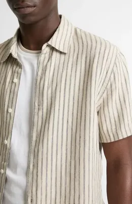 Vince Vince Ballstone Stripe Short Sleeve Hemp Button-Up Shirt in Parchment/Coastal Stripes — Men Summer white Tops