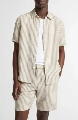 Vince Vince Ballstone Stripe Short Sleeve Hemp Button-Up Shirt in Parchment/Coastal Stripes — Men Summer white Tops