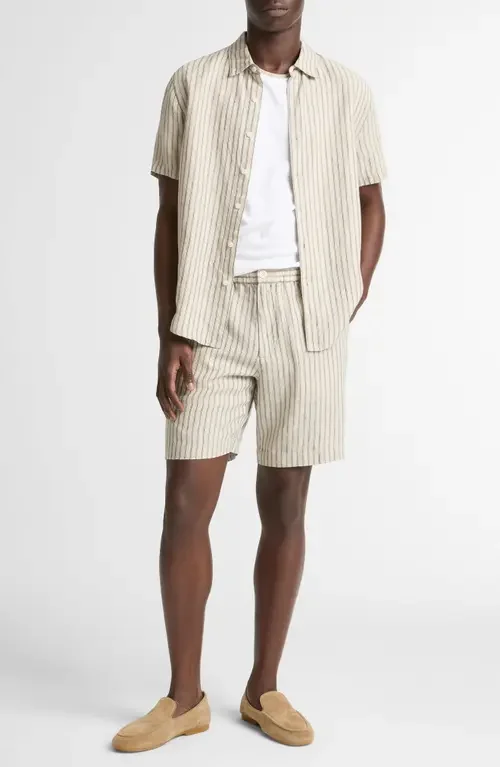 Vince Vince Ballstone Stripe Short Sleeve Hemp Button-Up Shirt in Parchment/Coastal Stripes — Men Summer white Tops