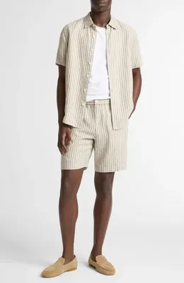 Vince Vince Ballstone Stripe Short Sleeve Hemp Button-Up Shirt in Parchment/Coastal Stripes — Men Summer white Tops