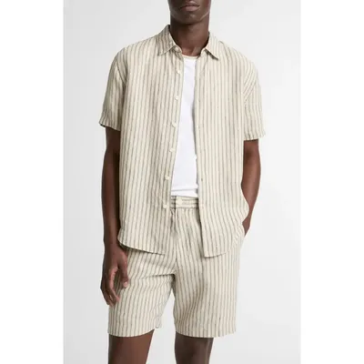 Vince Vince Ballstone Stripe Short Sleeve Hemp Button-Up Shirt in Parchment/Coastal Stripes — Men Summer white Tops