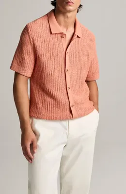 Vince Vince Crochet Cotton Short Sleeve Button-Up Shirt in Sunset Peak — Men Spring coral Tops