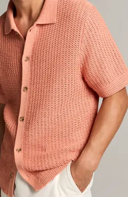 Vince Vince Crochet Cotton Short Sleeve Button-Up Shirt in Sunset Peak — Men Spring coral Button-Down Shirts