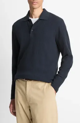 Vince Vince Variegated Texture Long Sleeve Polo in Coastal — Men Winter black Tops