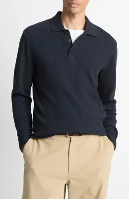 Vince Vince Variegated Texture Long Sleeve Polo in Coastal — Men Winter black Tops