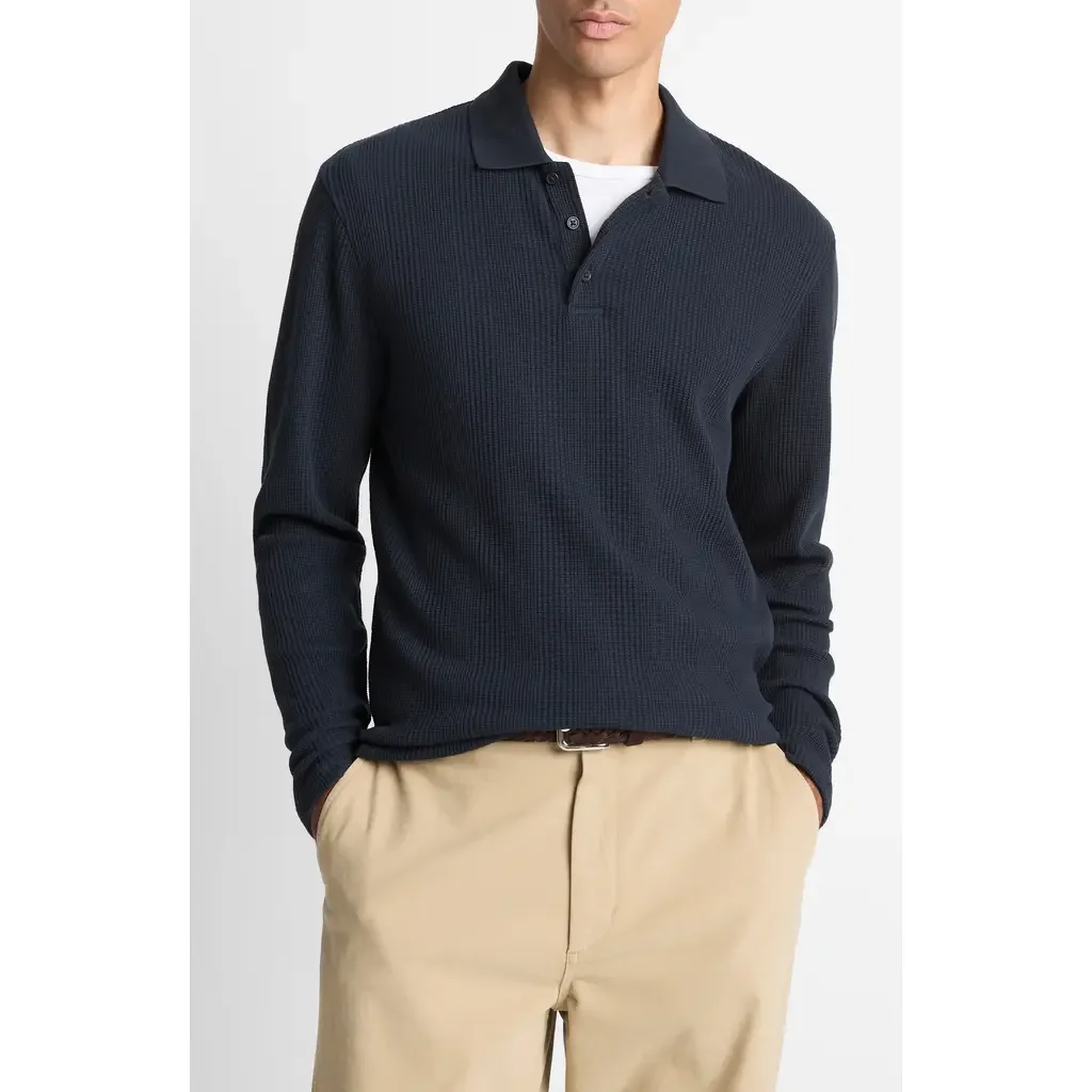 Vince Vince Variegated Texture Long Sleeve Polo in Coastal — Men Winter black Tops
