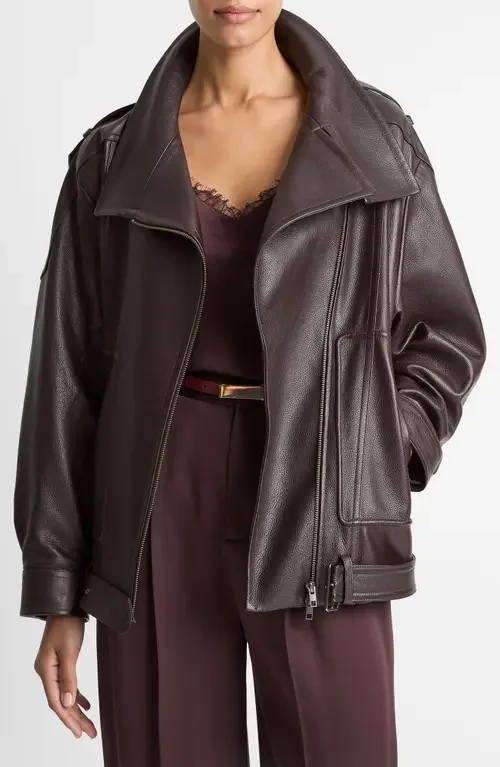 Vince Vince Oversize Leather Biker Jacket in Dark Fig — Women Autumn black Outerwear