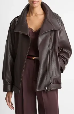 Vince Vince Oversize Leather Biker Jacket in Dark Fig — Women Autumn black Outerwear