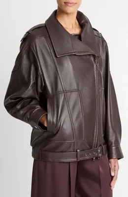 Vince Vince Oversize Leather Biker Jacket in Dark Fig — Women Autumn black Outerwear