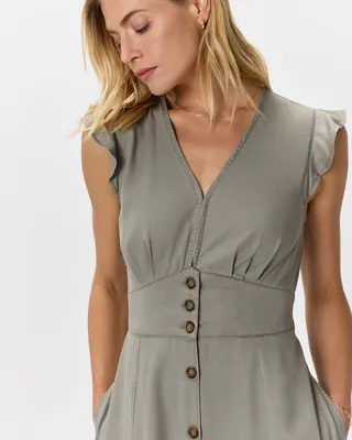 Quince Quince | Women's Vintage Wash Tencel Button Front Midi Dress in Olive — Women Autumn khaki Midi Dresses
