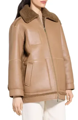 Theory Theory Genuine Shearling Reversible Coat in Pale Brown — Women Autumn beige Outerwear