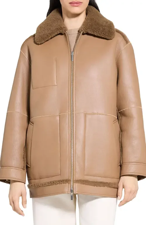 Theory Theory Genuine Shearling Reversible Coat in Pale Brown — Women Autumn beige Outerwear
