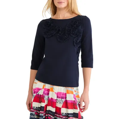NIC+ZOE NIC+ZOE Ruffle Appliqué Knit Top in Dark Indigo — Women Winter navy Tops