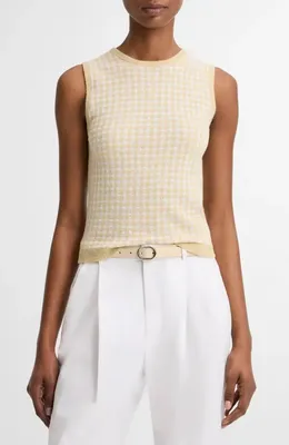 Vince Vince Gingham Check Sleeveless Wool & Cotton Blend Sweater in Off White/Maiz — Women Spring beige Tops