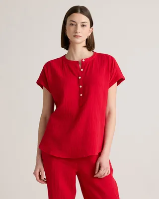 Quince Quince | Women's Gauze Roll Sleeve Shirt in Wild Cherry — Women Spring red Button-Down Shirts