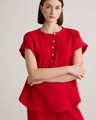 Quince Quince | Women's Gauze Roll Sleeve Shirt in Wild Cherry — Women Spring red Button-Down Shirts