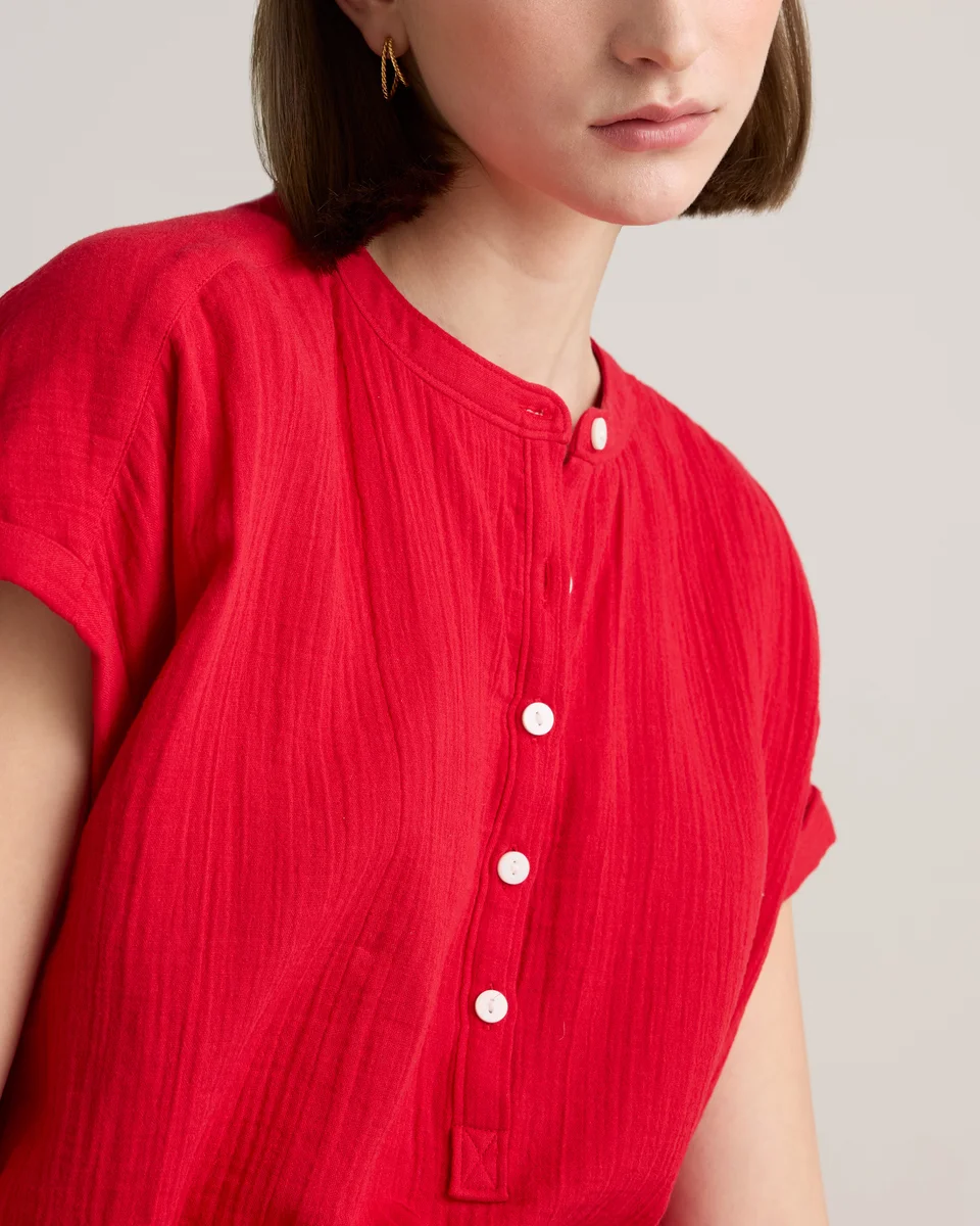 Quince Quince | Women's Gauze Roll Sleeve Shirt in Wild Cherry — Women Spring red Button-Down Shirts