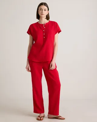 Quince Quince | Women's Gauze Roll Sleeve Shirt in Wild Cherry — Women Spring red Button-Down Shirts