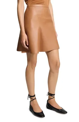 Theory Theory Side Flounce Leather Miniskirt in Bright Cognac — Women Autumn camel Skirts
