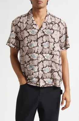 Bode Bode Wisteria Short Sleeve Cotton & Silk Button-Up Shirt in Mauve — Men Autumn silver Tops