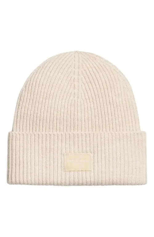 rag & bone rag & bone Blake Logo Patch Wool Blend Rib Beanie in Ivory — Women Spring ivory Accessories