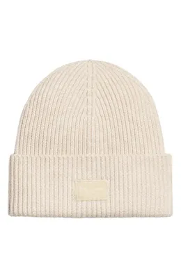 rag & bone rag & bone Blake Logo Patch Wool Blend Rib Beanie in Ivory — Women Spring ivory Accessories