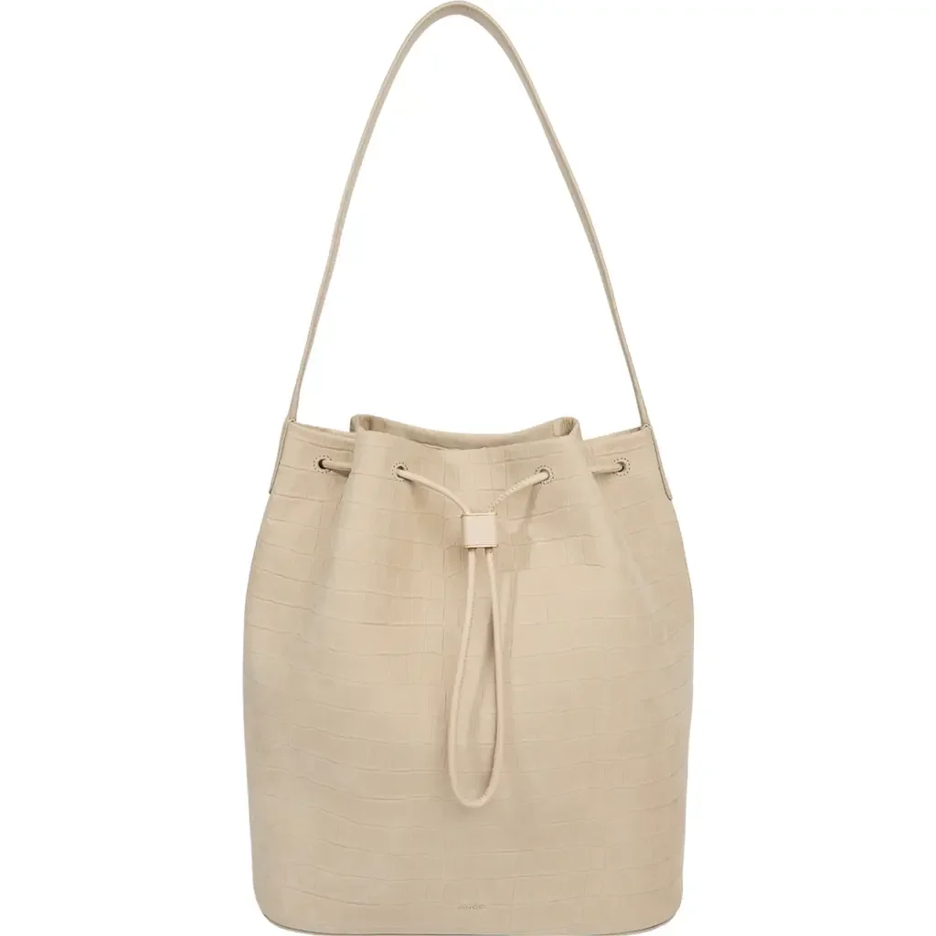 Vince Vince Sarai Croc Embossed Leather Bucket Bag in Marzipan — Women Spring beige Accessories
