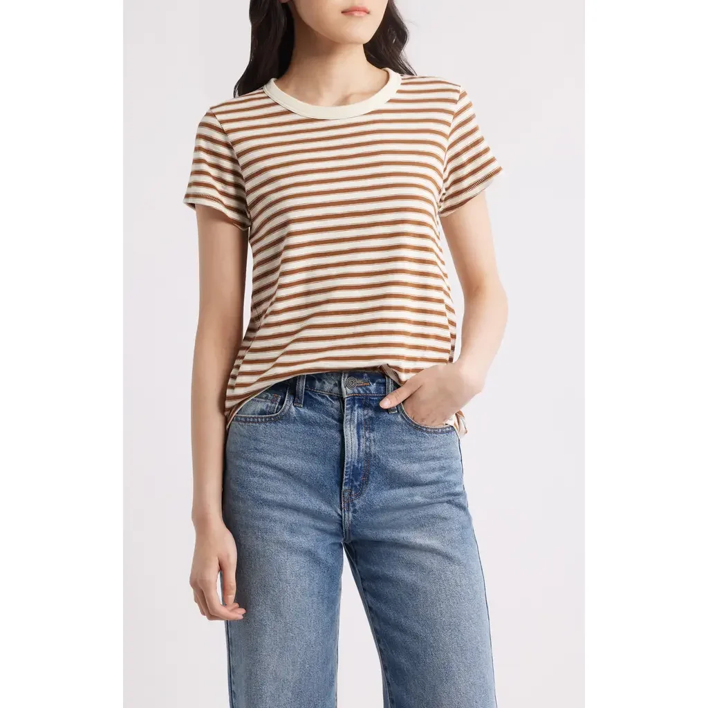 rag & bone rag & bone The Slub Stripe T-Shirt in Wrbrm — Women Autumn tan Tops
