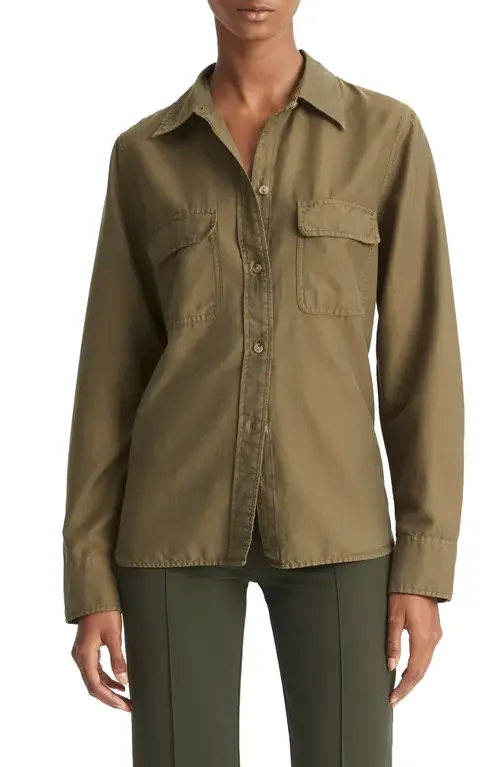 Vince Vince Utility Long Sleeve Button-Up Shirt in Washed Vine — Women Autumn khaki Tops