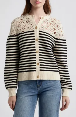 FRAME FRAME The Coastal Stripe Crochet Cardigan in Cream Multi — Women Winter white Sweaters & Knits