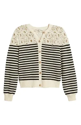FRAME FRAME The Coastal Stripe Crochet Cardigan in Cream Multi — Women Winter white Sweaters & Knits