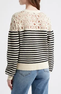 FRAME FRAME The Coastal Stripe Crochet Cardigan in Cream Multi — Women Winter white Sweaters & Knits