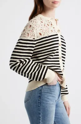 FRAME FRAME The Coastal Stripe Crochet Cardigan in Cream Multi — Women Winter white Sweaters & Knits