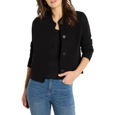 NIC+ZOE NIC+ZOE Crop Knit Bomber Jacket in Black Onyx — Women Winter Outerwear