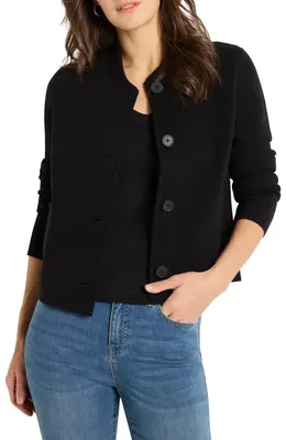 NIC+ZOE NIC+ZOE Crop Knit Bomber Jacket in Black Onyx — Women Winter Outerwear