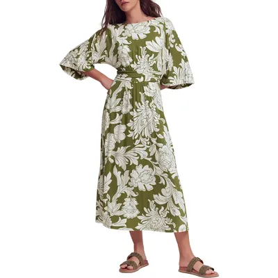 Boden Boden Imelda Floral Kimono Jersey Midi Dress in Olive, Botanical Flourish Mono in Olive/ Botanical Flourish Mono — Women Autumn green Dresses