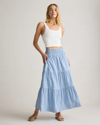 Quince Quince | Women's Poplin Tiered Maxi Skirt in Tribeca Stripe — Women Summer silver Maxi Skirts