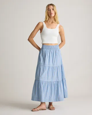 Quince Quince | Women's Poplin Tiered Maxi Skirt in Tribeca Stripe — Women Summer silver Maxi Skirts
