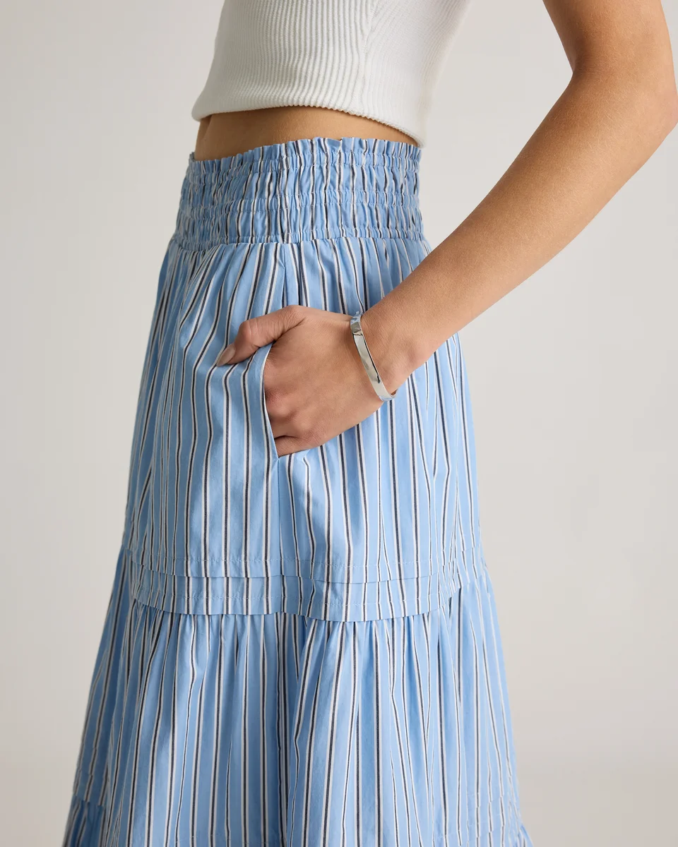 Quince Quince | Women's Poplin Tiered Maxi Skirt in Tribeca Stripe — Women Summer silver Maxi Skirts