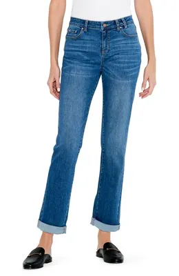 NIC+ZOE NIC+ZOE Cuffed High Waist Straight Leg Girlfriend Jeans in Atlantic — Women Summer blue Pants